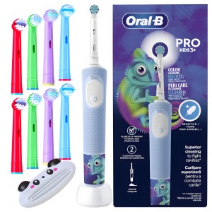 Zestaw, Oral-B Vitality Pro D103 Kids Kameleon - Szczoteczka dla Dzieci + Etui + 8 końcówek-zamienników + Wyciskacz do pasty
