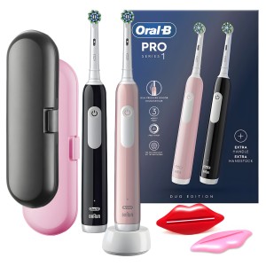 Szczoteczka Elektryczna Oral-B Pro Series 1 Dwupak Czarna Różowa + 2 Etui Podróżne + Wyciskacze do pasty