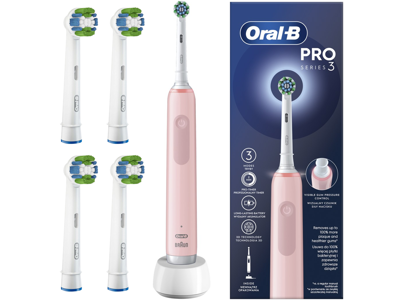 Elektryczna Szczoteczka Oral-B Pro 3 3000 Różowa + 4 Oryginalne Końcówki Zasilanie akumulatorowe